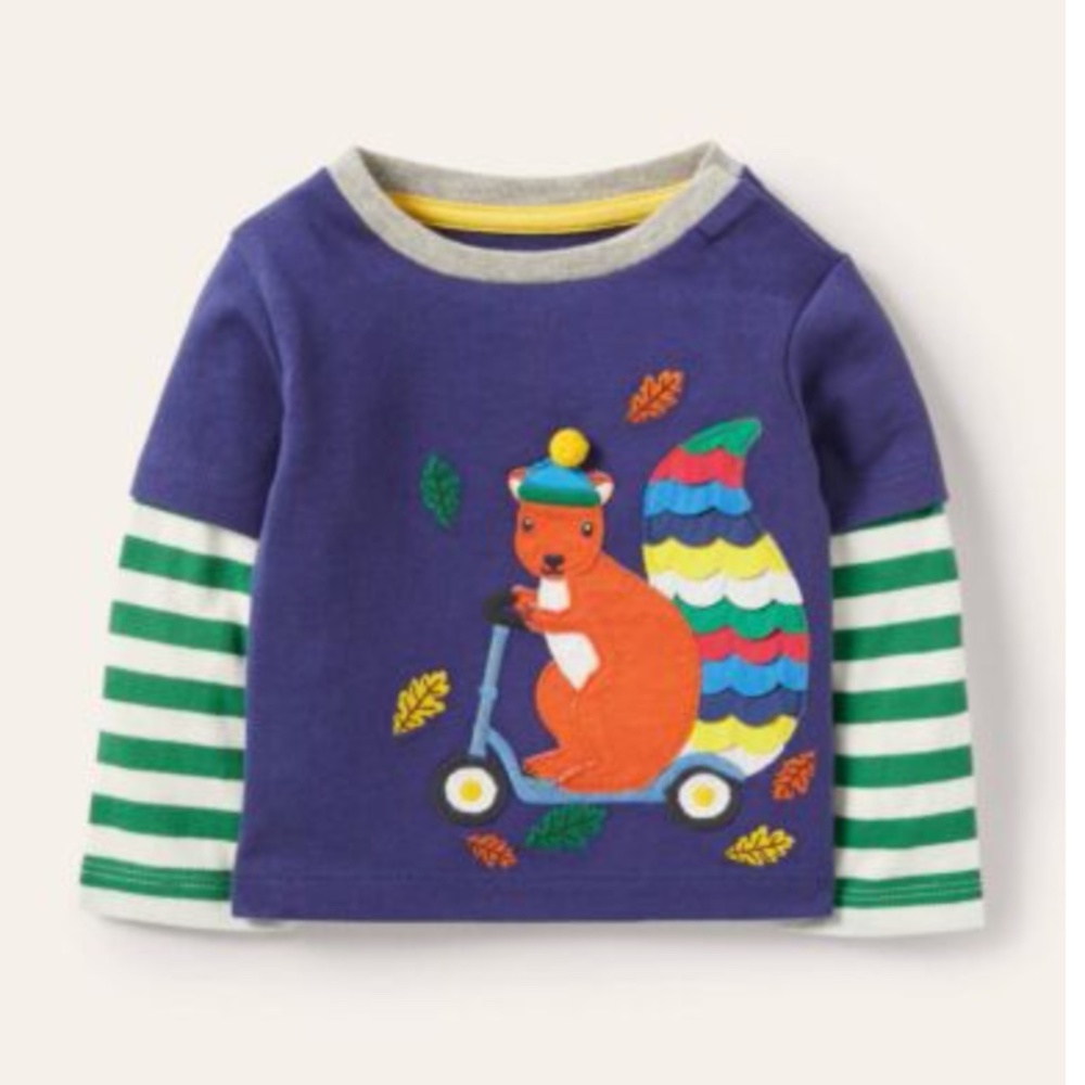 Mini Boden Baby Starboard Blue Squirrel Applique Long Sleeve